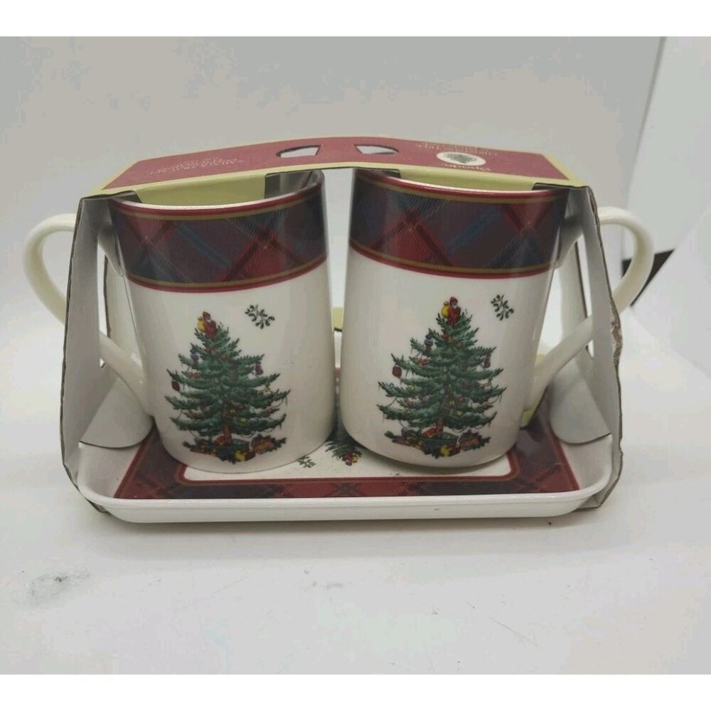 Spode Christmas Tree Tartan Porcelain Mug & Melamine Tray Set Holiday Gift Mom